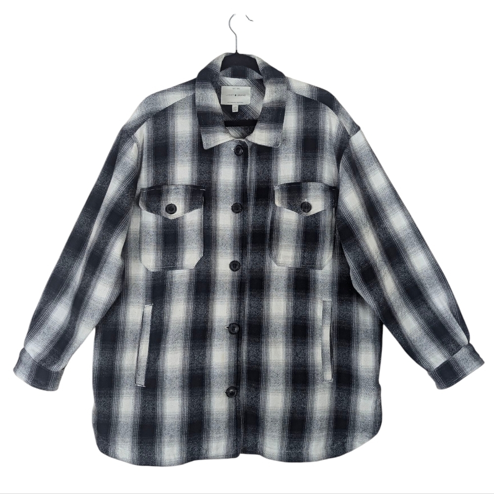 Lucky Brand Women Size Large Plaid Shirt Jacket Shacket Button Down Black White